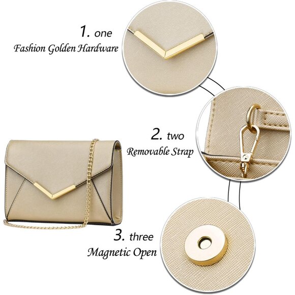 ⚡ Women's Gold Leather Elegant Snap Closure Envelope Foldover Clutch Bag - Picture 4 of 7